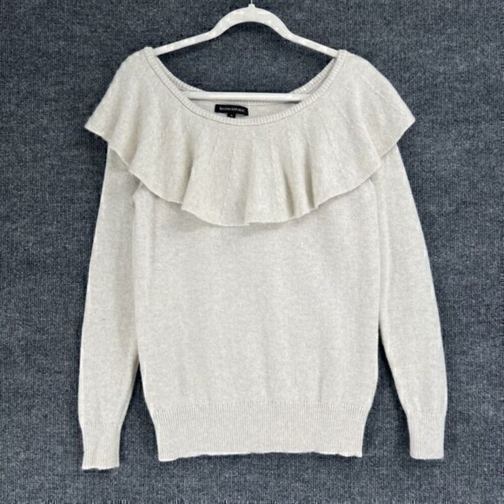BANANA REPUBLIC Merino Wool Cashmere Sweater Womens Small Gray Wide Neck Ruffle